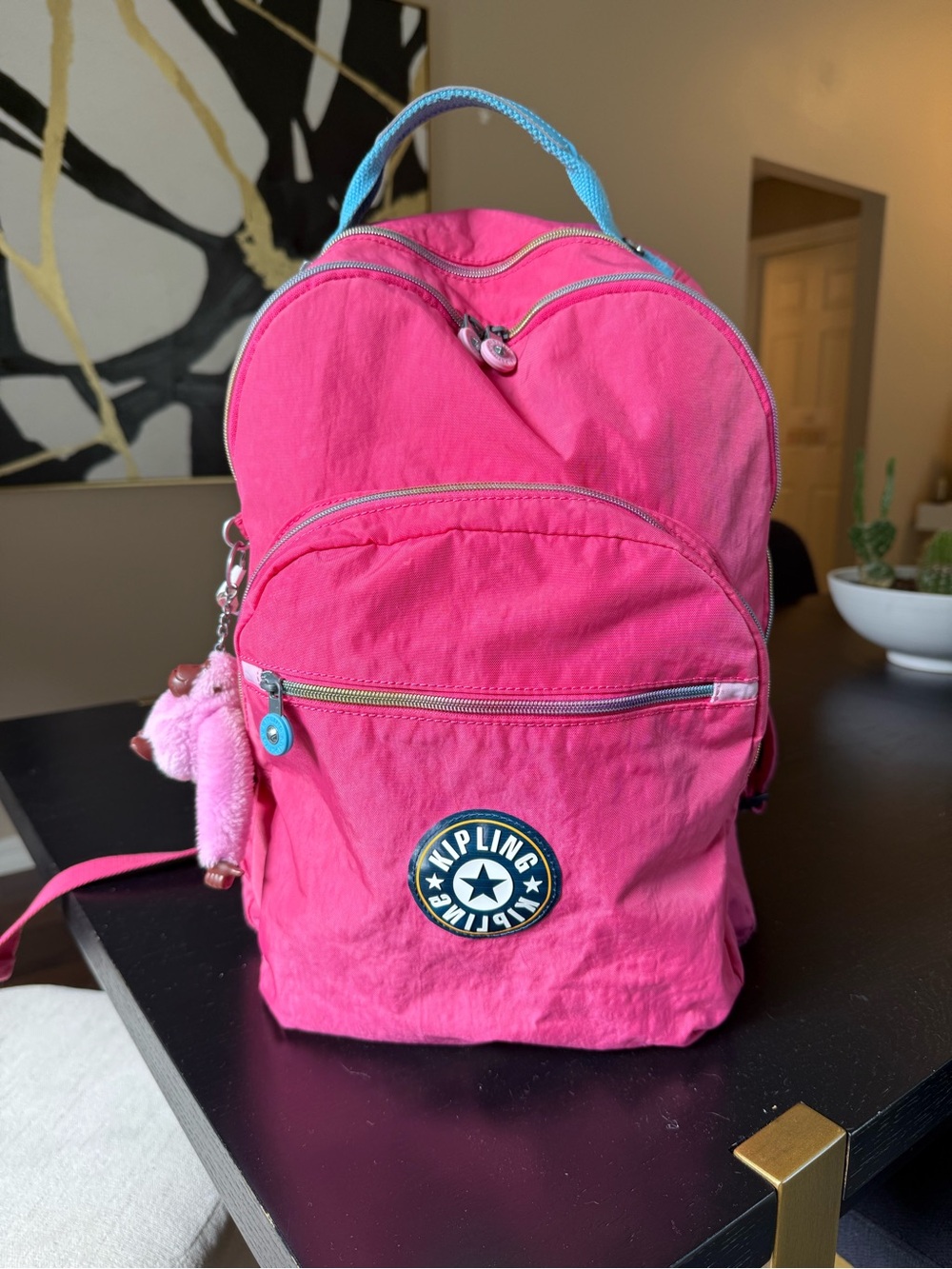 Kipling Bright Pink Kids Backpack with Blue Handle
